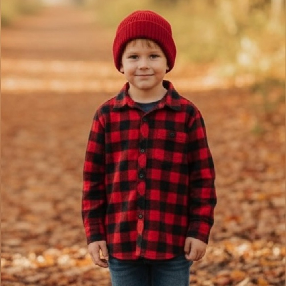 Canadiana Boys 7-8 Red Black Buffalo Plaid‎ Flannel Shirt Elbow Patches